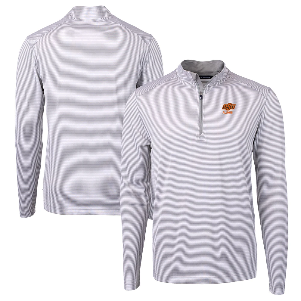 Men's Cutter & Buck Gray Oklahoma State Cowboys Alumni Logo DryTec Virtue Eco Pique Micro Stripe Recycled Quarter-Zip Pullover Top