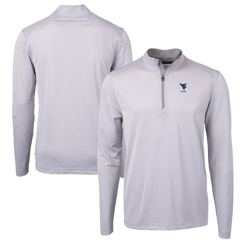 Men's Cutter & Buck Gray West Virginia Mountaineers Alumni Logo DryTec Virtue Eco Pique Micro Stripe Recycled Quarter-Zip Pullover Top