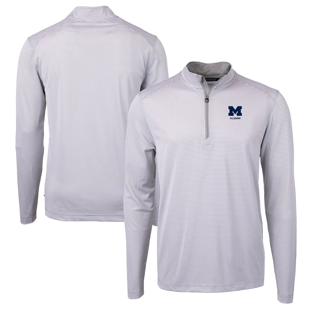 Men's Cutter & Buck Gray Michigan Wolverines Alumni Logo DryTec Virtue Eco Pique Micro Stripe Recycled Quarter-Zip Pullover Top