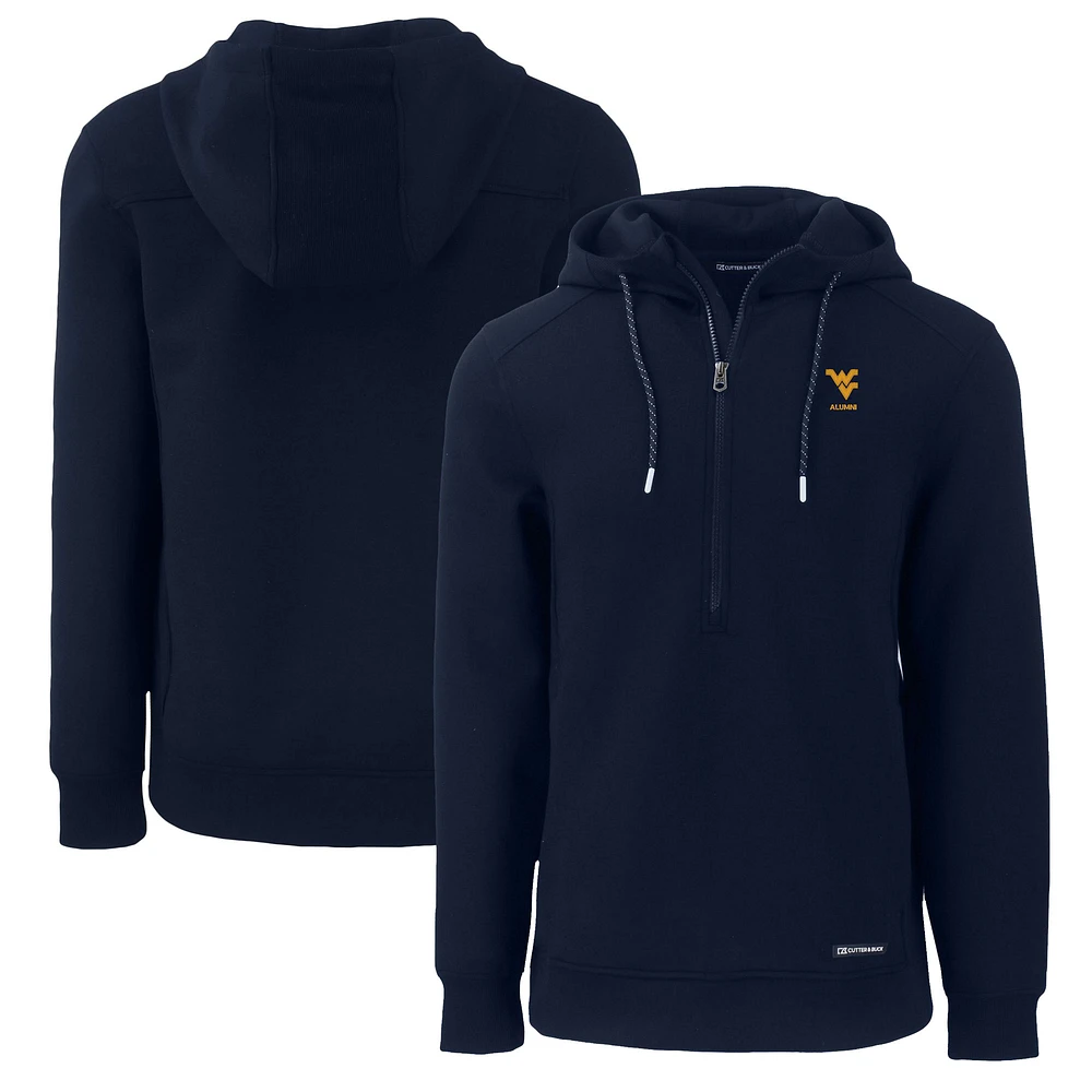 Men's Cutter & Buck Navy West Virginia Mountaineers Alumni Logo Roam Eco Recycled Half-Zip Pullover Hoodie