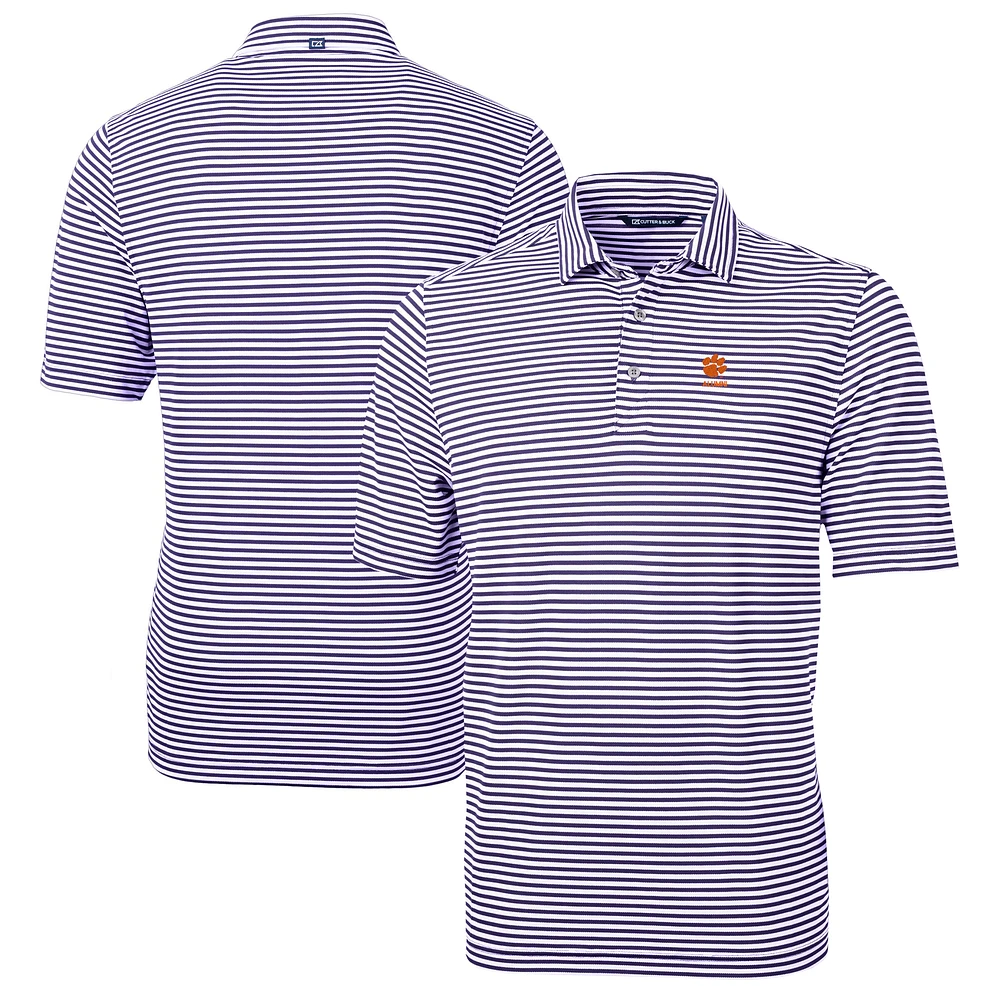 Men's Cutter & Buck Purple Clemson Tigers Alumni Logo Virtue Eco Pique Stripe Recycled Polo