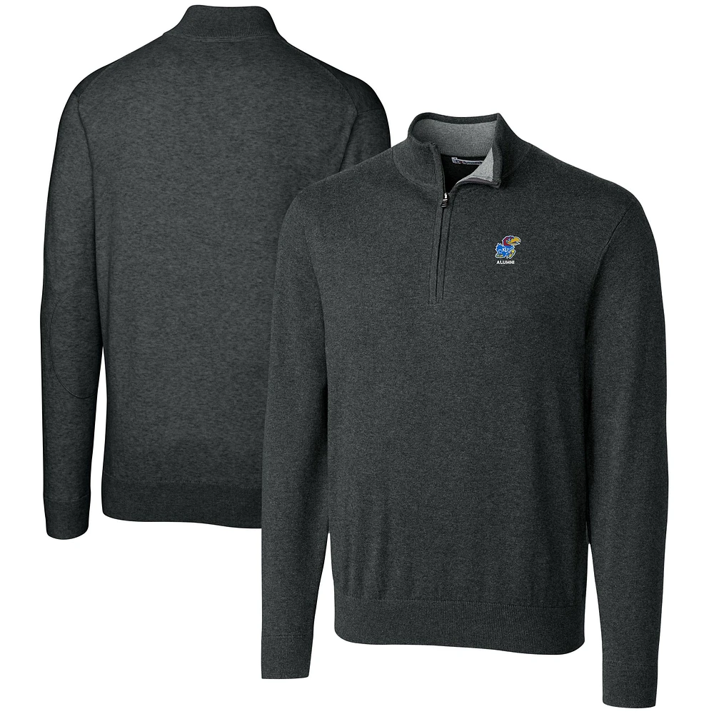 Men's Cutter & Buck Heather Charcoal Kansas Jayhawks Alumni Logo Lakemont Tri-Blend Quarter-Zip Pullover Sweater