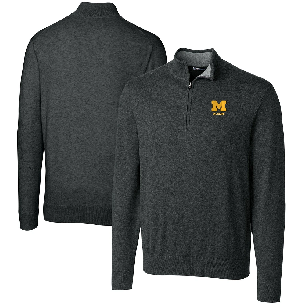 Men's Cutter & Buck Heather Charcoal Michigan Wolverines Alumni Logo Lakemont Tri-Blend Quarter-Zip Pullover Sweater