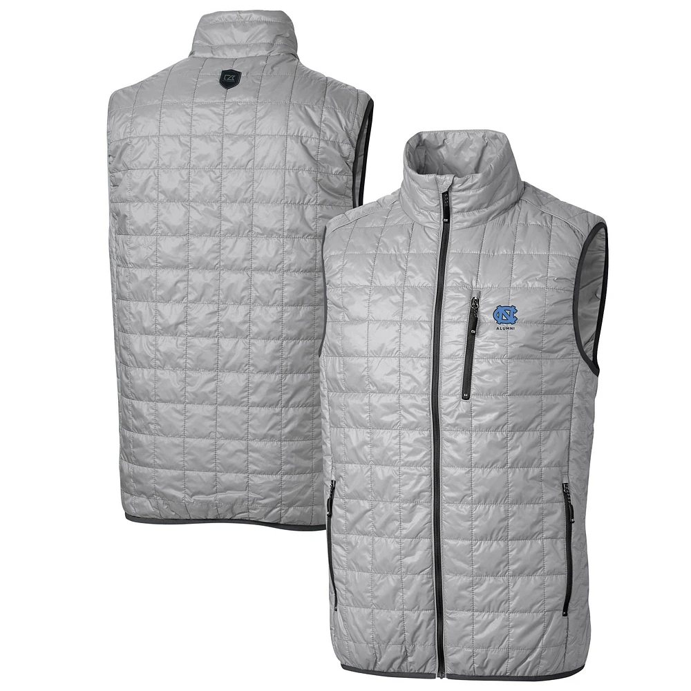 Men's Cutter & Buck Gray North Carolina Tar Heels Alumni Logo Rainier PrimaLoft Eco Insulated Full-Zip Puffer Vest