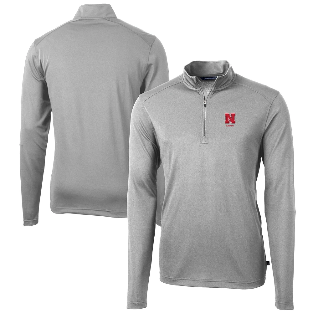 Men's Cutter & Buck Gray Nebraska Huskers Alumni Logo Virtue Eco Pique Recycled Quarter-Zip Pullover Top