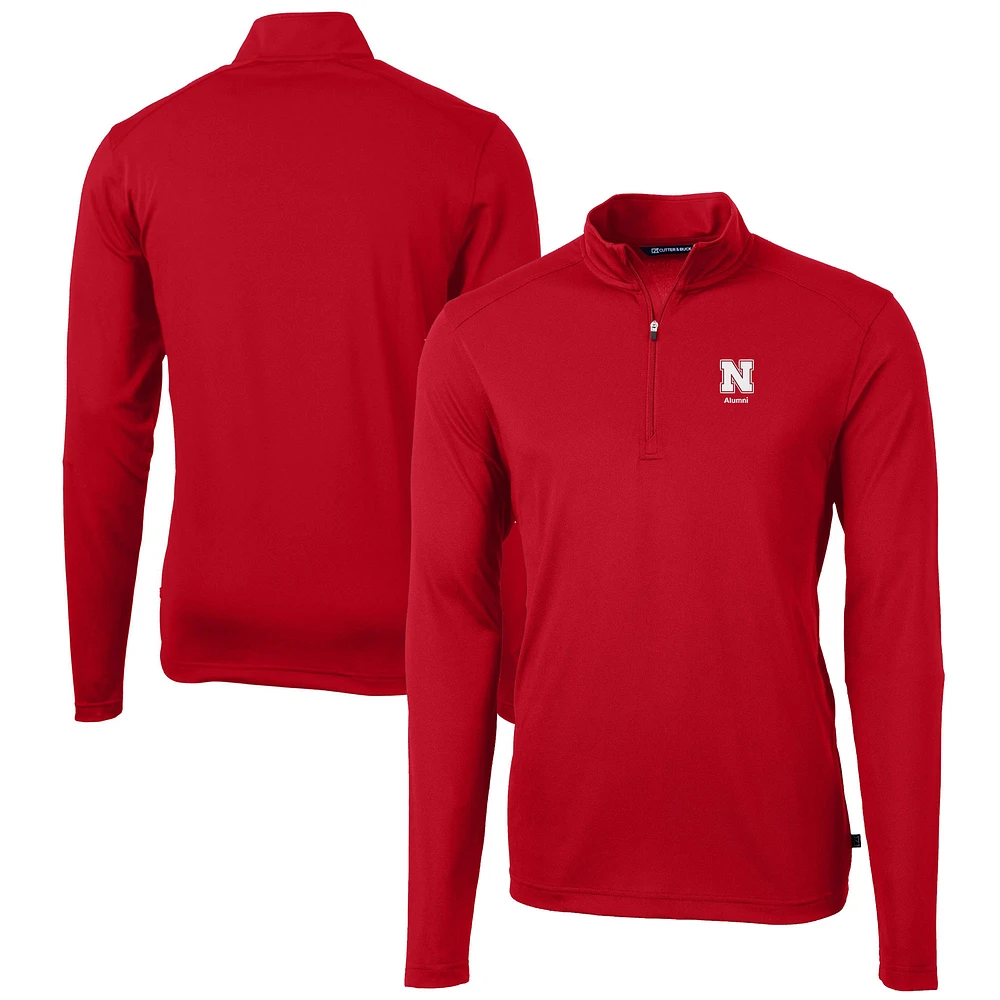 Men's Cutter & Buck Scarlet Nebraska Huskers Alumni Logo Virtue Eco Pique Recycled Quarter-Zip Pullover Top