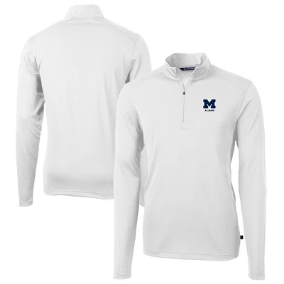 Men's Cutter & Buck White Michigan Wolverines Alumni Logo Virtue Eco Pique Recycled Quarter-Zip Pullover Top