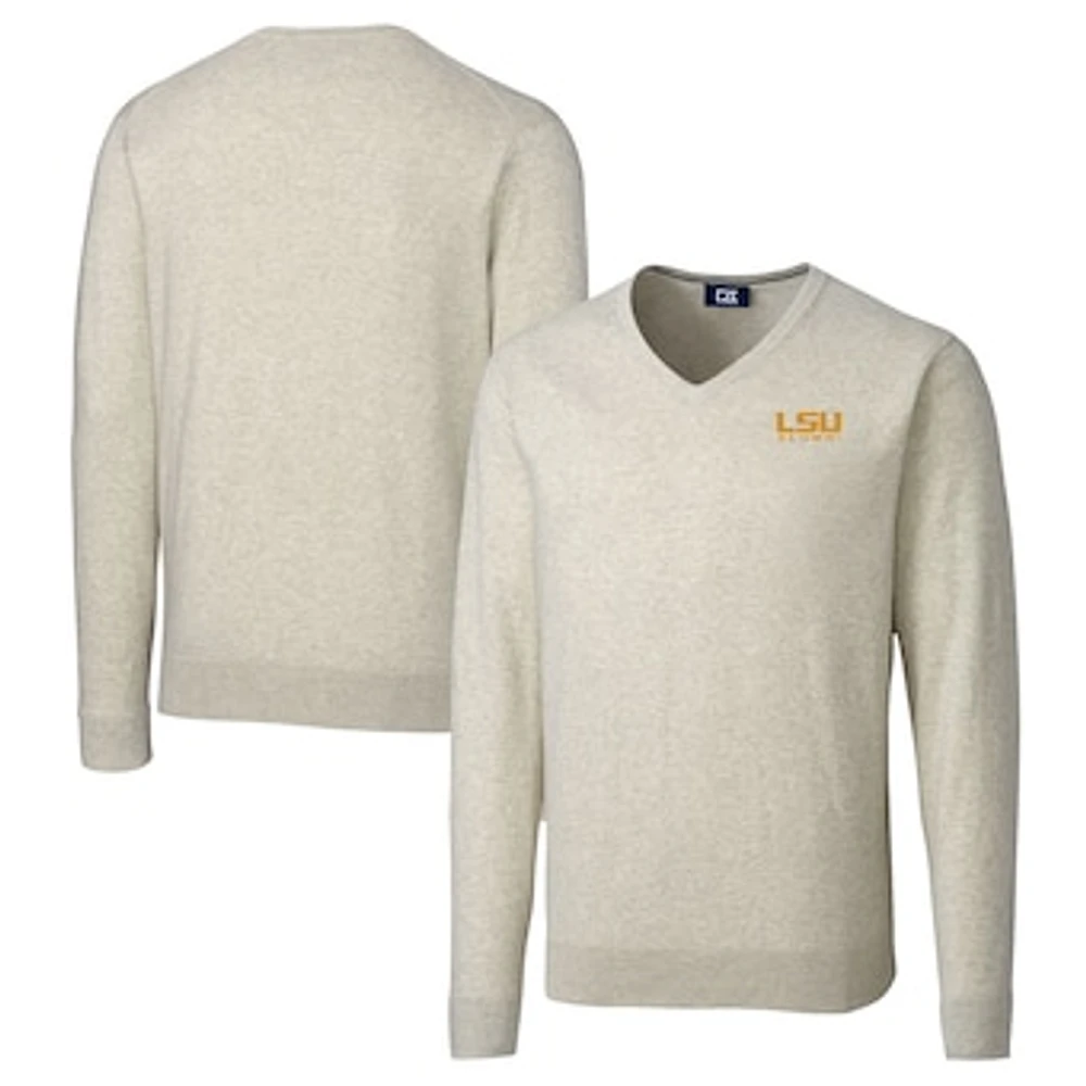 Men's Cutter & Buck Oatmeal LSU Tigers Alumni Logo Lakemont Tri-Blend V-Neck Pullover Sweater