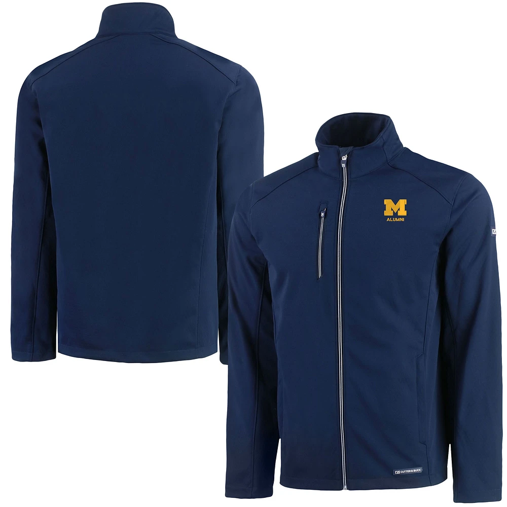Men's Cutter & Buck Navy Michigan Wolverines Alumni Logo Evoke Eco Softshell Recycled Full-Zip Jacket