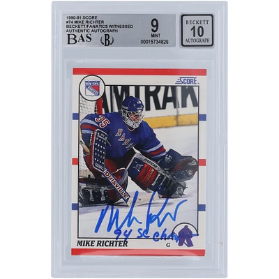 Mike Richter New York Rangers Autographed 1990-91 Score #74 Beckett Fanatics Witnessed Authenticated 9/10 Rookie Card with "94 SC CHAMPS" Inscription