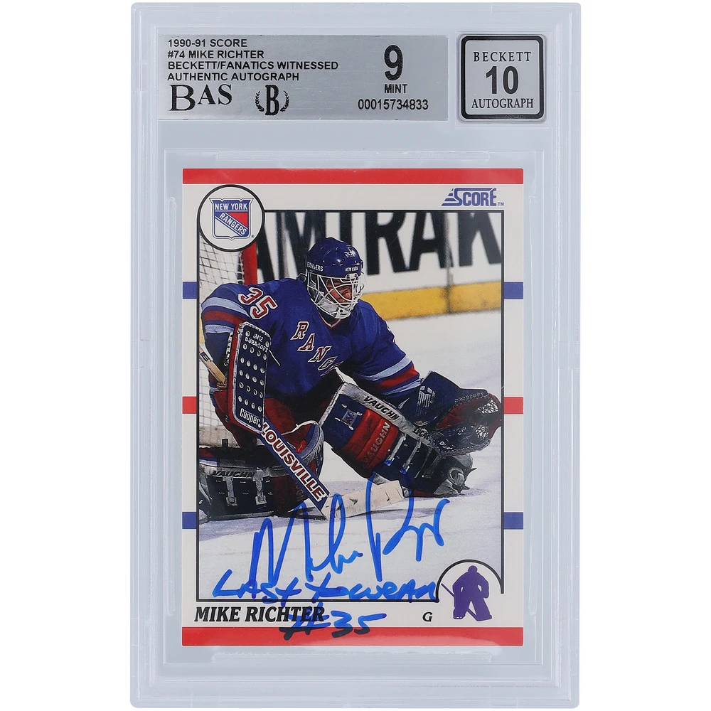 Mike Richter New York Rangers Autographed 1990-91 Score #74 Beckett Fanatics Witnessed Authenticated 9/10 Rookie Card with "LAST TO WEAR #35" Inscription