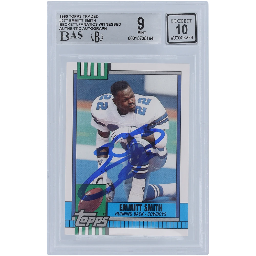 Emmitt Smith Dallas Cowboys Autographed 1990 Topps Traded #27T Beckett Fanatics Witnessed Authenticated 9/10 Rookie Card