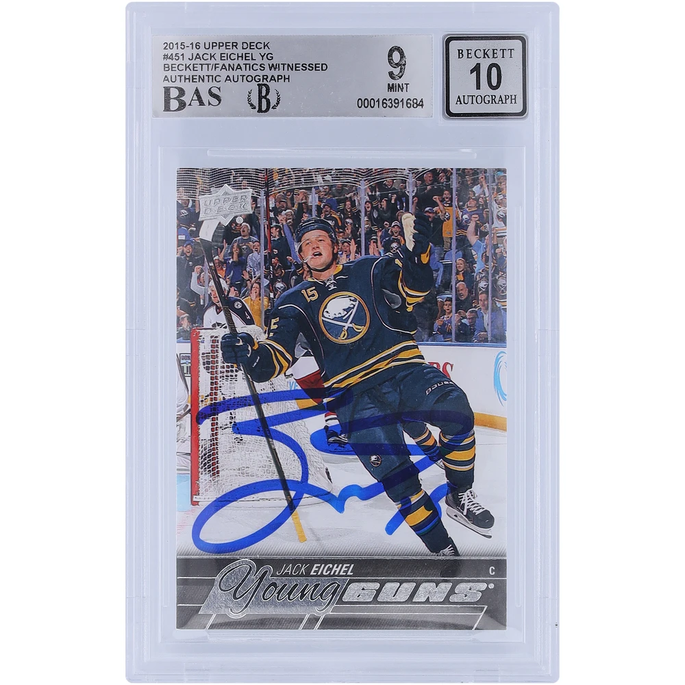 Jack Eichel Buffalo Sabres Autographed 2015-16 Upper Deck Series 2 Young Guns #451 Beckett Fanatics Witnessed Authenticated /10 Rookie Card