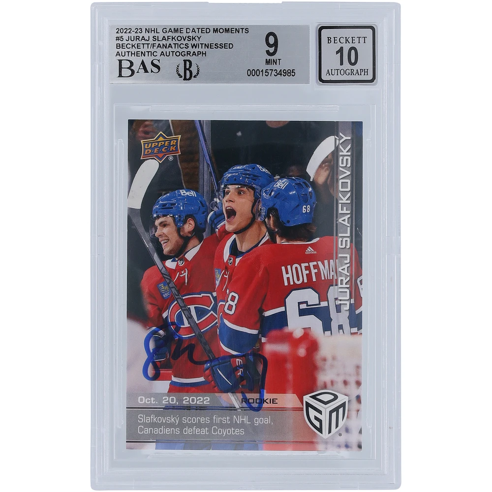 Juraj Slafkovsky Montreal Canadiens Autographed 2022-23 Upper Deck Game Dated Moments First Goal #5 Beckett Fanatics Witnessed Authenticated Rookie Card