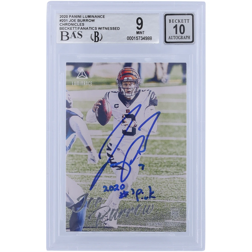 Joe Burrow Cincinnati Bengals Autographed 2020 Panini Luminance #201 Beckett Fanatics Witnessed Authenticated 9/10 Rookie Card with "2020 #1 PICK" Inscription