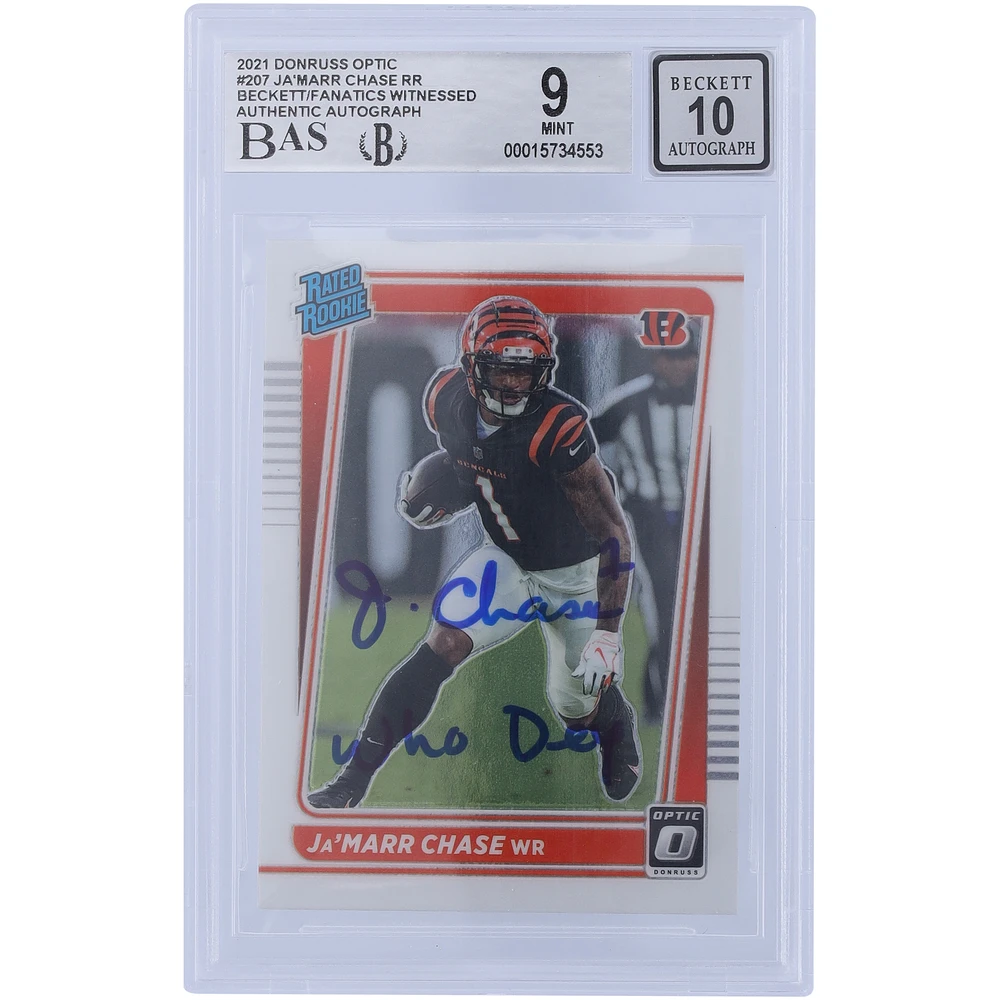 Ja'Marr Chase Cincinnati Bengals Autographed 2021 Panini Donruss Optic Rated Rookie #207 Beckett Fanatics Witnessed Authenticated 9/10 Rookie Card with "Who Dey" Inscription