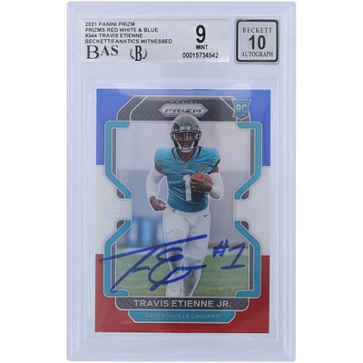 Travis Etienne Jacksonville Jaguars Autographed 2021 Panini Prizm Red White & Blue #344 Beckett Fanatics Witnessed Authenticated 9/10 Rookie Card