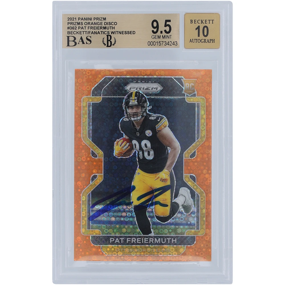 Pat Freiermuth Pittsburgh Steelers Autographed 2021 Panini Prizm Orange Disco #362 Beckett Fanatics Witnessed Authenticated /10 Rookie Card