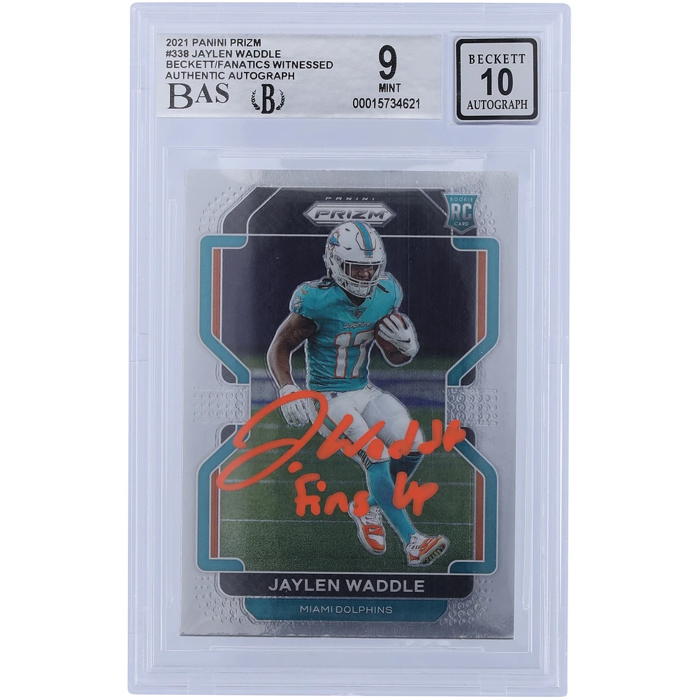 Jaylen Waddle Miami Dolphins Autographed 2021 Panini Prizm Orange Ink #338 Beckett Fanatics Witnessed Authenticated /10 Rookie Card with "FINS UP" Inscription