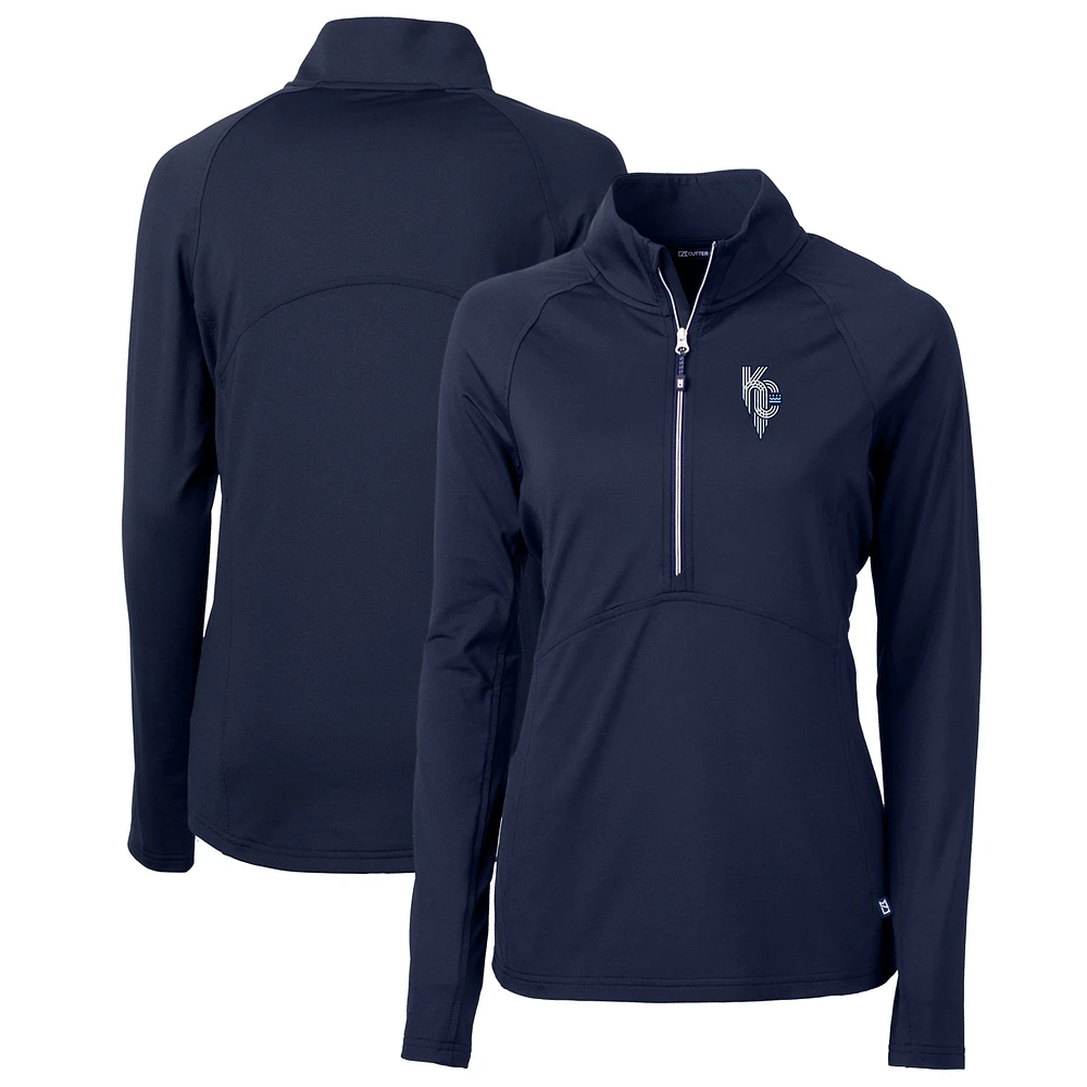 Women's Cutter & Buck Navy Kansas City Royals Connect Adapt Eco Knit Stretch Recycled Half-Zip Pullover Top