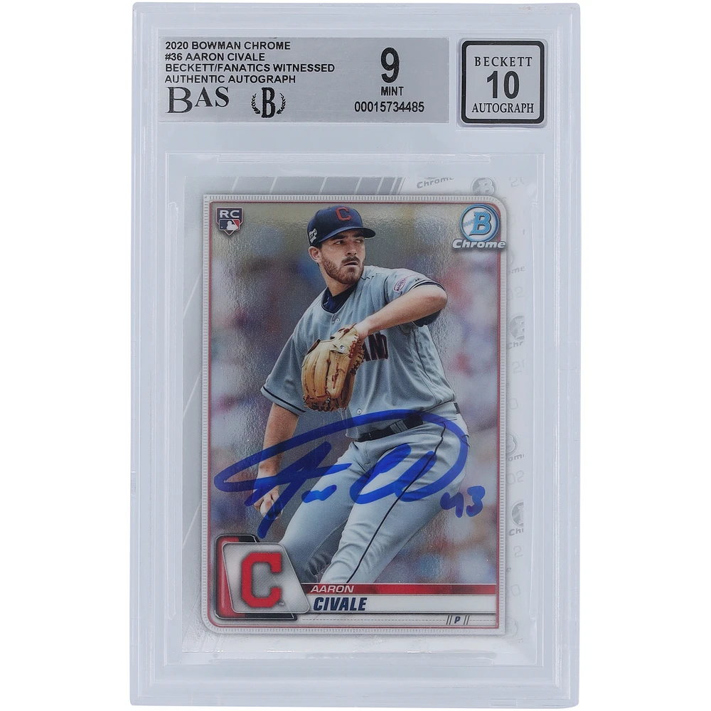 Aaron Civale Cleveland Guardians Autographed 2020 Bowman Chrome #36 Beckett Fanatics Witnessed Authenticated 9/10 Rookie Card