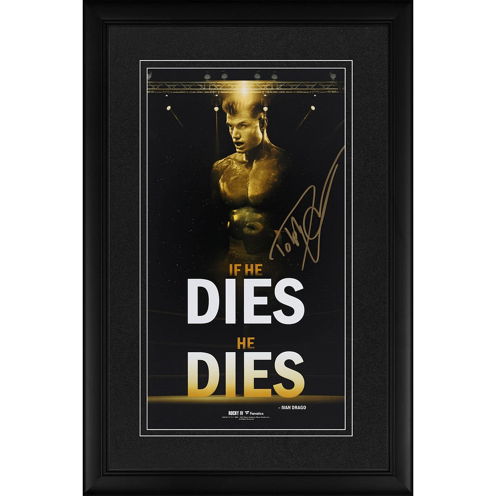 Dolph Lundgren Rocky IV Autographed Framed 10" x 18" "If He Dies He Dies" Ivan Drago Movie Quote Vertical Panoramic Photograph
