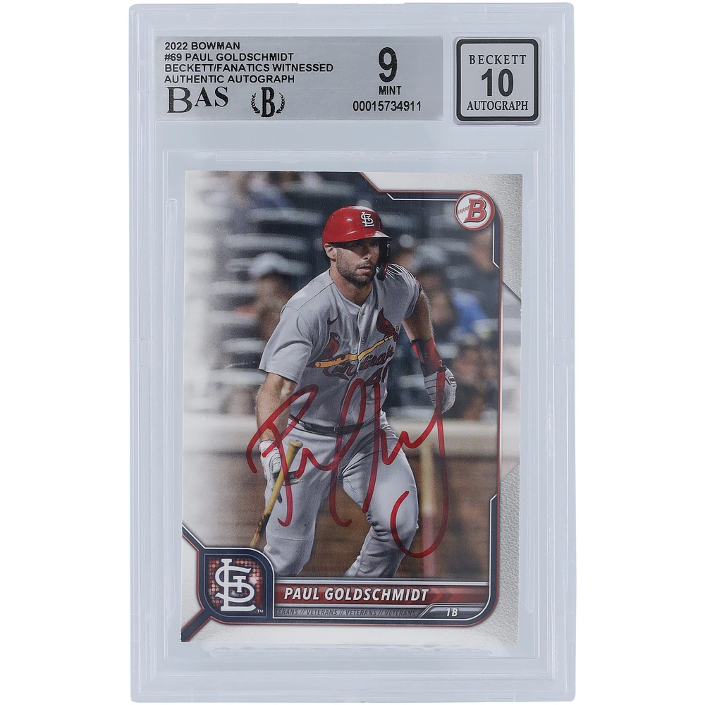 Paul Goldschmidt St. Louis Cardinals Autographed 2022 Bowman Series 1 #69 Beckett Fanatics Witnessed Authenticated 9/10 Card