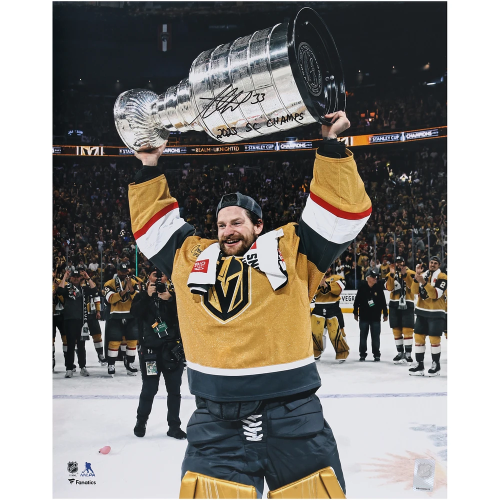 Adin Hill Vegas Golden Knights Autographed 2023 Stanley Cup Champions 16" x 20" Raising Cup Photograph with "2023 SC Champs" Inscription