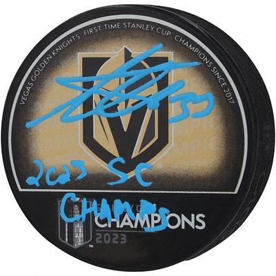 Adin Hill Vegas Golden Knights Autographed 2023 Stanley Cup Champions Hockey Puck with "2023 SC Champs" Inscription