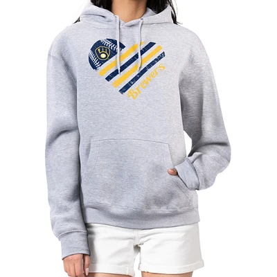 Women's G-III 4Her by Carl Banks Heather Gray Milwaukee Brewers Heart Fleece Pullover Hoodie