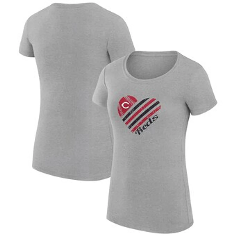 Women's G-III 4Her by Carl Banks Heather Gray Cincinnati Reds Super-Slim Fit Lightweight Heart Graphic T-Shirt