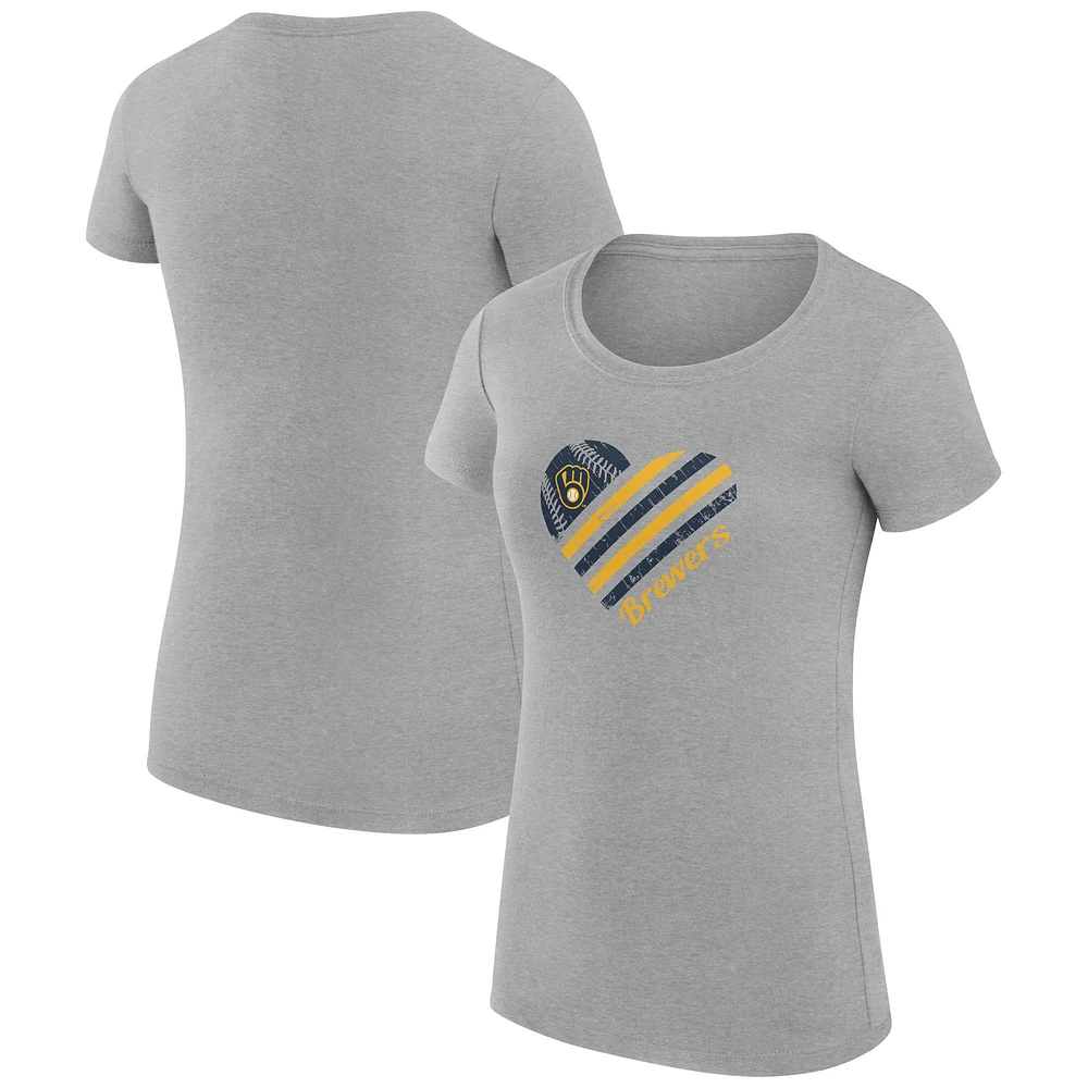 Women's G-III 4Her by Carl Banks Heather Gray Milwaukee Brewers Super-Slim Fit Lightweight Heart Graphic T-Shirt