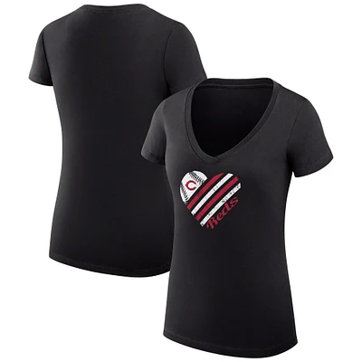Women's G-III 4Her by Carl Banks Black Cincinnati Reds Super-Slim Fit Lightweight Heart V-Neck T-Shirt