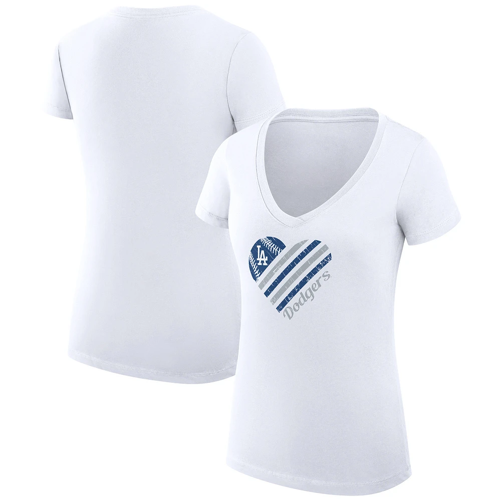 Women's G-III 4Her by Carl Banks White Los Angeles Dodgers Super-Slim Fit Lightweight Heart V-Neck T-Shirt