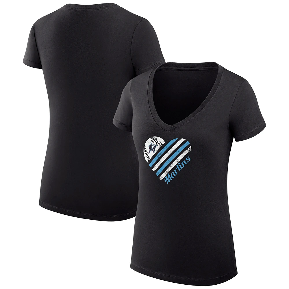 Women's G-III 4Her by Carl Banks Miami Marlins Super-Slim Fit Lightweight Heart V-Neck T-Shirt