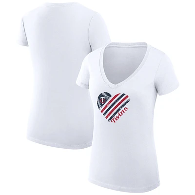 Women's G-III 4Her by Carl Banks White Minnesota Twins Super-Slim Fit Lightweight Heart V-Neck T-Shirt