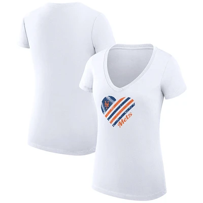 Women's G-III 4Her by Carl Banks White New York Mets Super-Slim Fit Lightweight Heart V-Neck T-Shirt