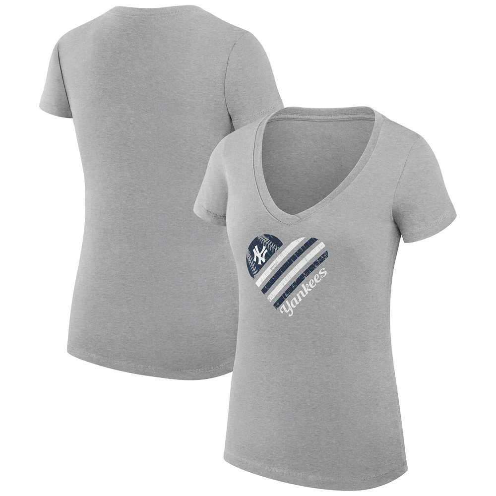 Women's G-III 4Her by Carl Banks Heather Gray New York Yankees Super-Slim Fit Lightweight Heart V-Neck T-Shirt