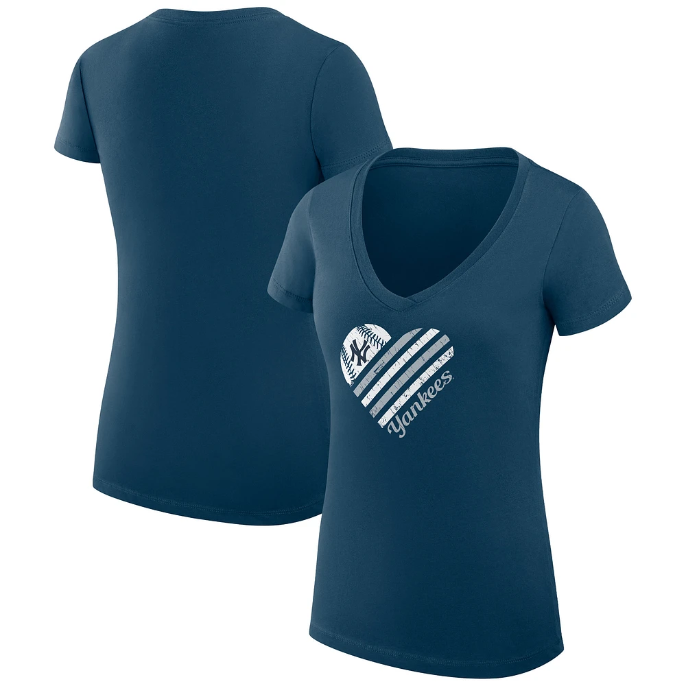 Women's G-III 4Her by Carl Banks Navy New York Yankees Super-Slim Fit Lightweight Heart V-Neck T-Shirt