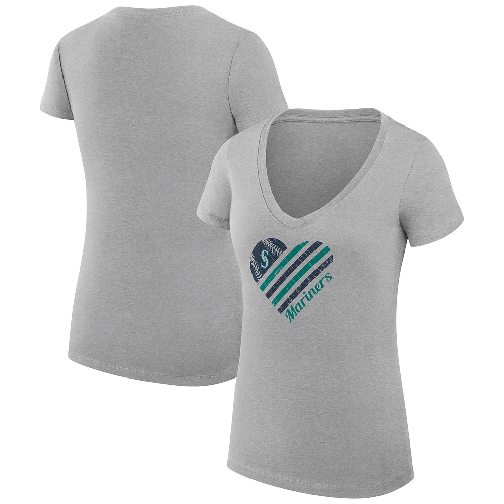Women's G-III 4Her by Carl Banks Heather Gray Seattle Mariners Super-Slim Fit Lightweight Heart V-Neck T-Shirt