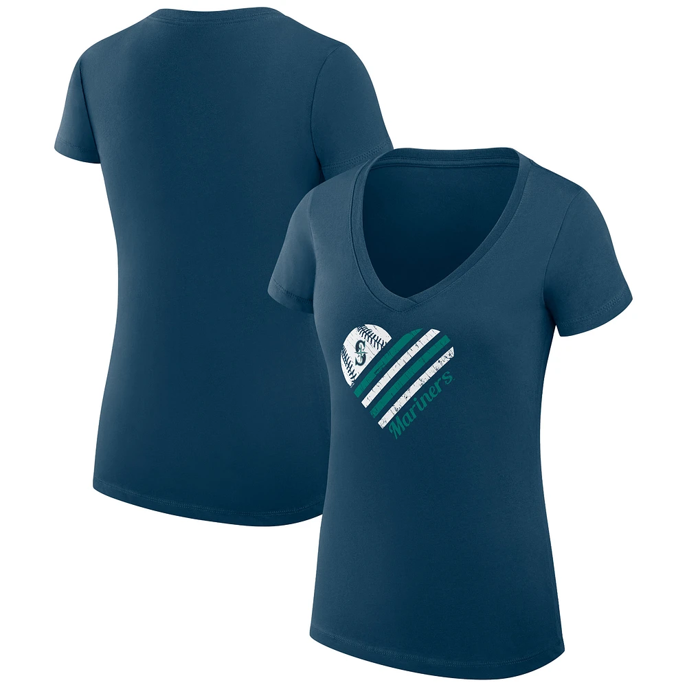 Women's G-III 4Her by Carl Banks Navy Seattle Mariners Super-Slim Fit Lightweight Heart V-Neck T-Shirt