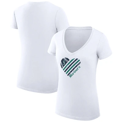 Women's G-III 4Her by Carl Banks White Seattle Mariners Super-Slim Fit Lightweight Heart V-Neck T-Shirt