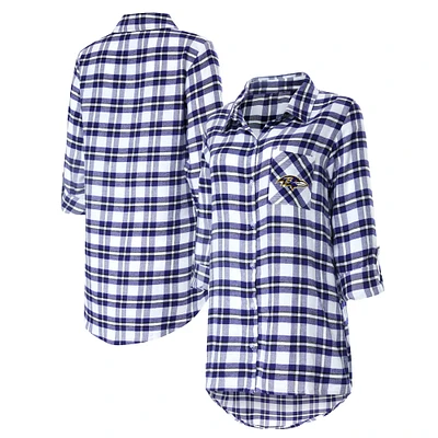 Women's Concepts Sport Purple Baltimore Ravens Sienna Plaid Full-Button Long Sleeve Nightshirt