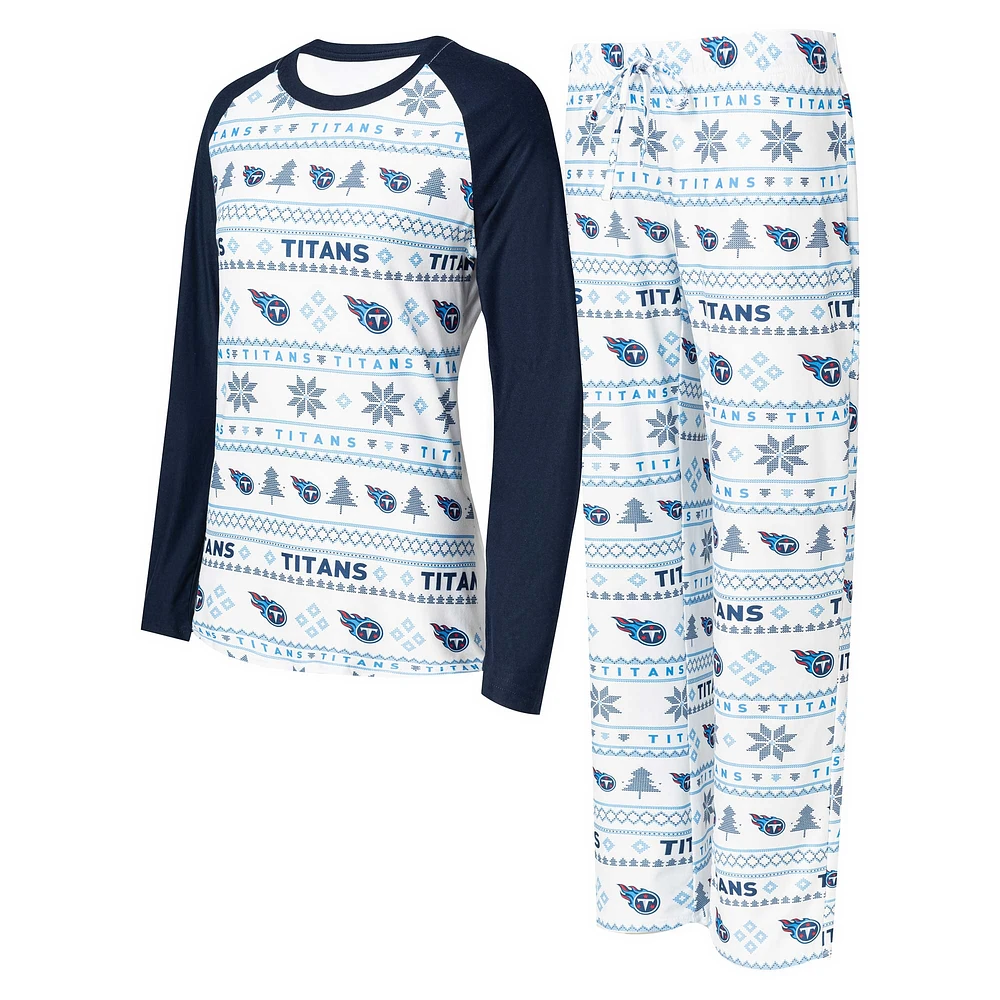 Women's Concepts Sport White/Navy Tennessee Titans Tinsel Raglan Long Sleeve Top & Pants Sleep Set