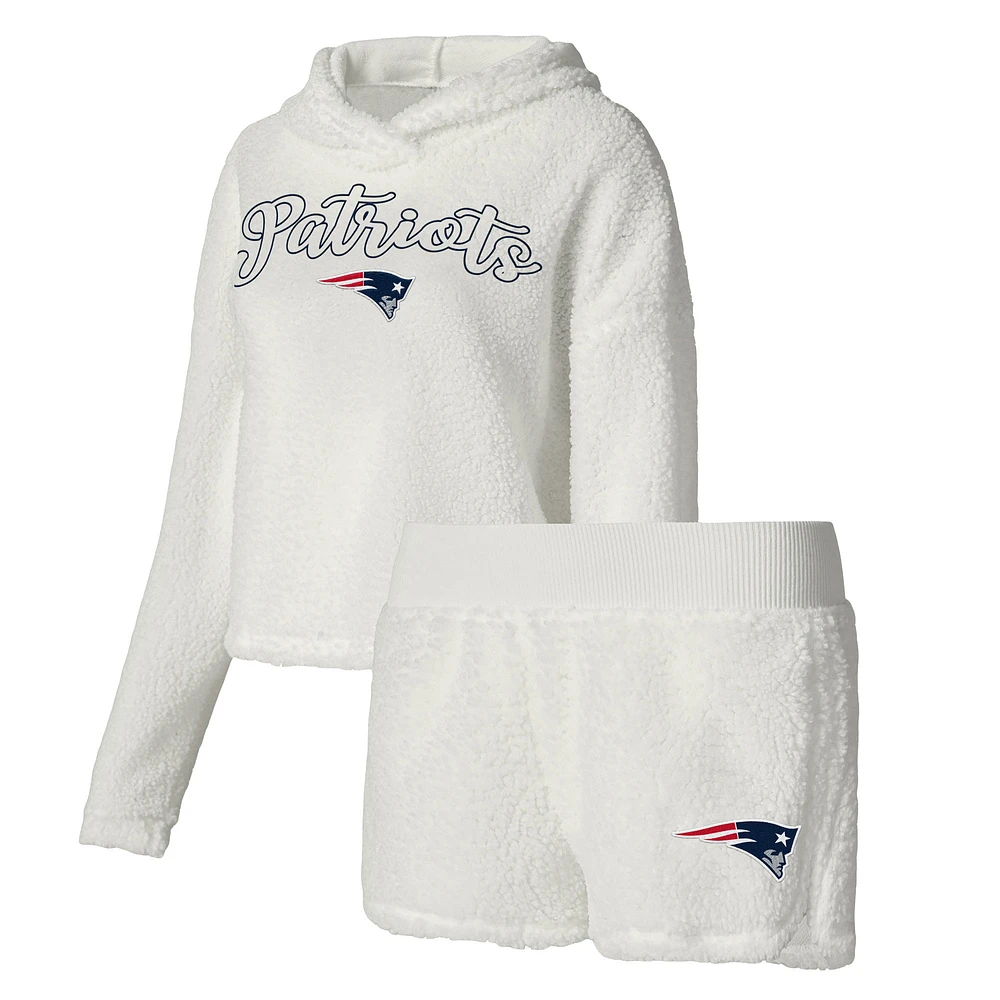 Women's Concepts Sport White New England Patriots Fluffy Pullover Sweatshirt & Shorts Sleep Set