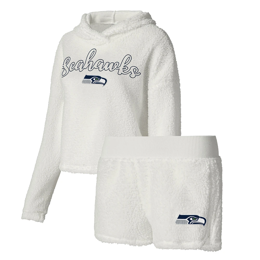 Women's Concepts Sport White Seattle Seahawks Fluffy Pullover Sweatshirt & Shorts Sleep Set