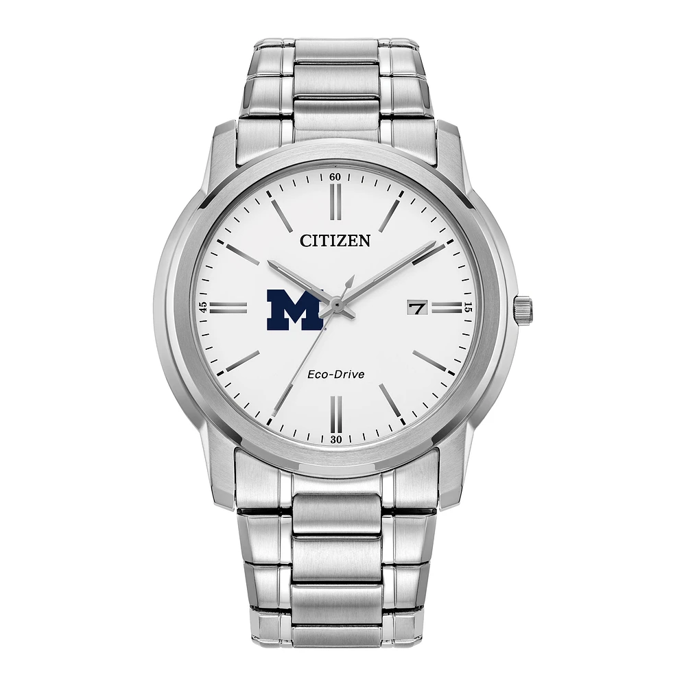 Men's Citizen Watch Silver Michigan Wolverines Eco-Drive White Dial Stainless Steel Watch