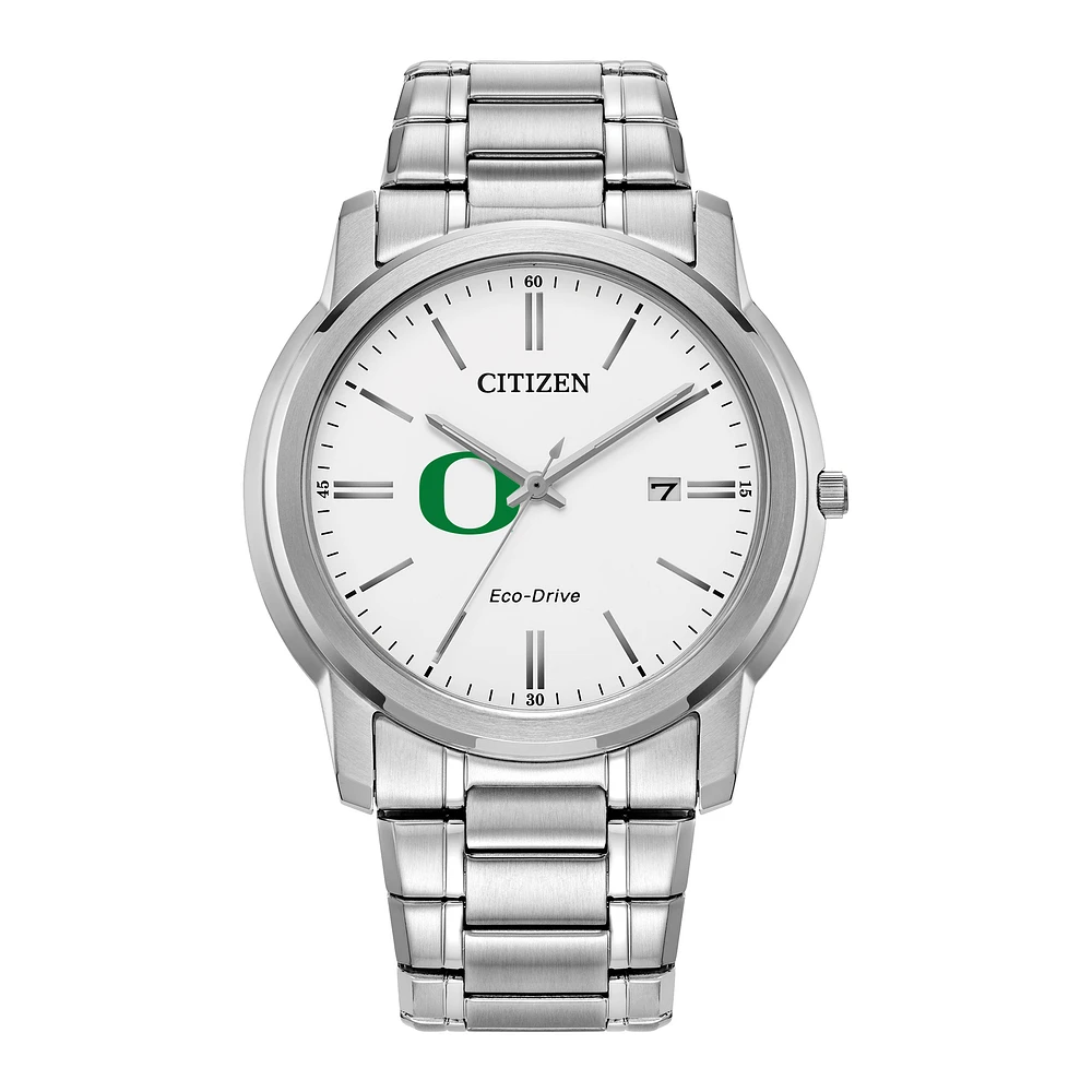 Men's Citizen Watch Silver Oregon Ducks Eco-Drive White Dial Stainless Steel Watch