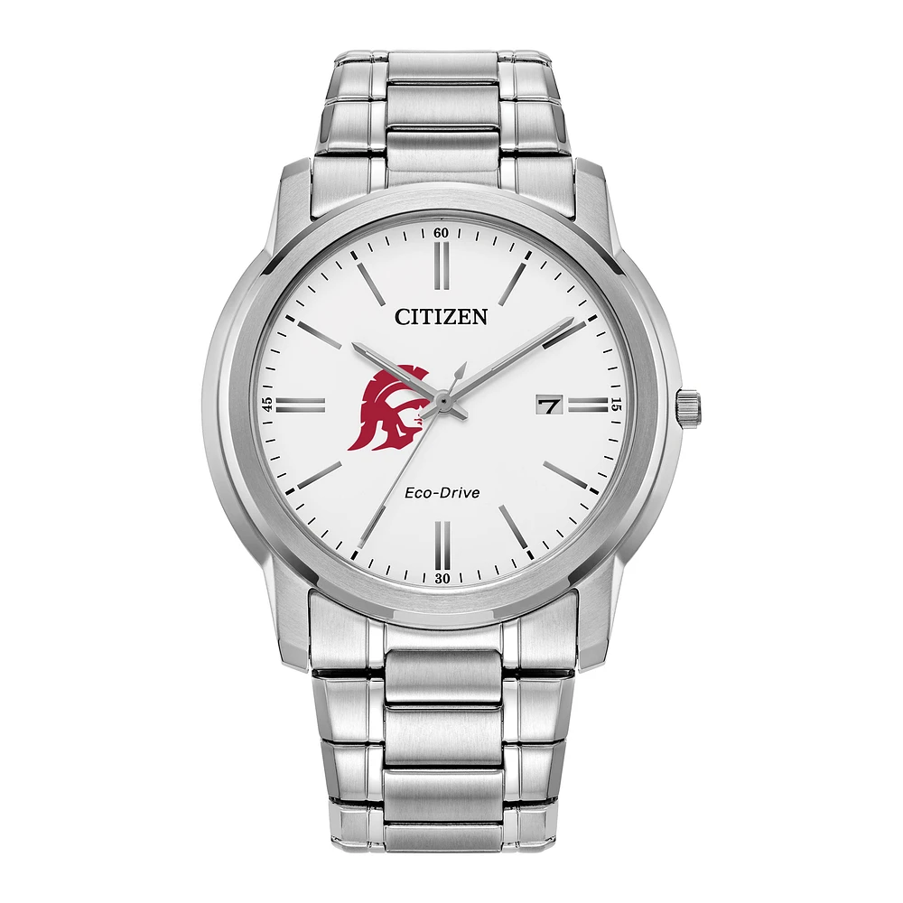 Men's Citizen Watch Silver USC Trojans Eco-Drive White Dial Stainless Steel Watch