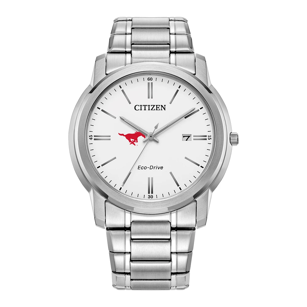 Men's Citizen Watch Silver SMU Mustangs Eco-Drive White Dial Stainless Steel Watch